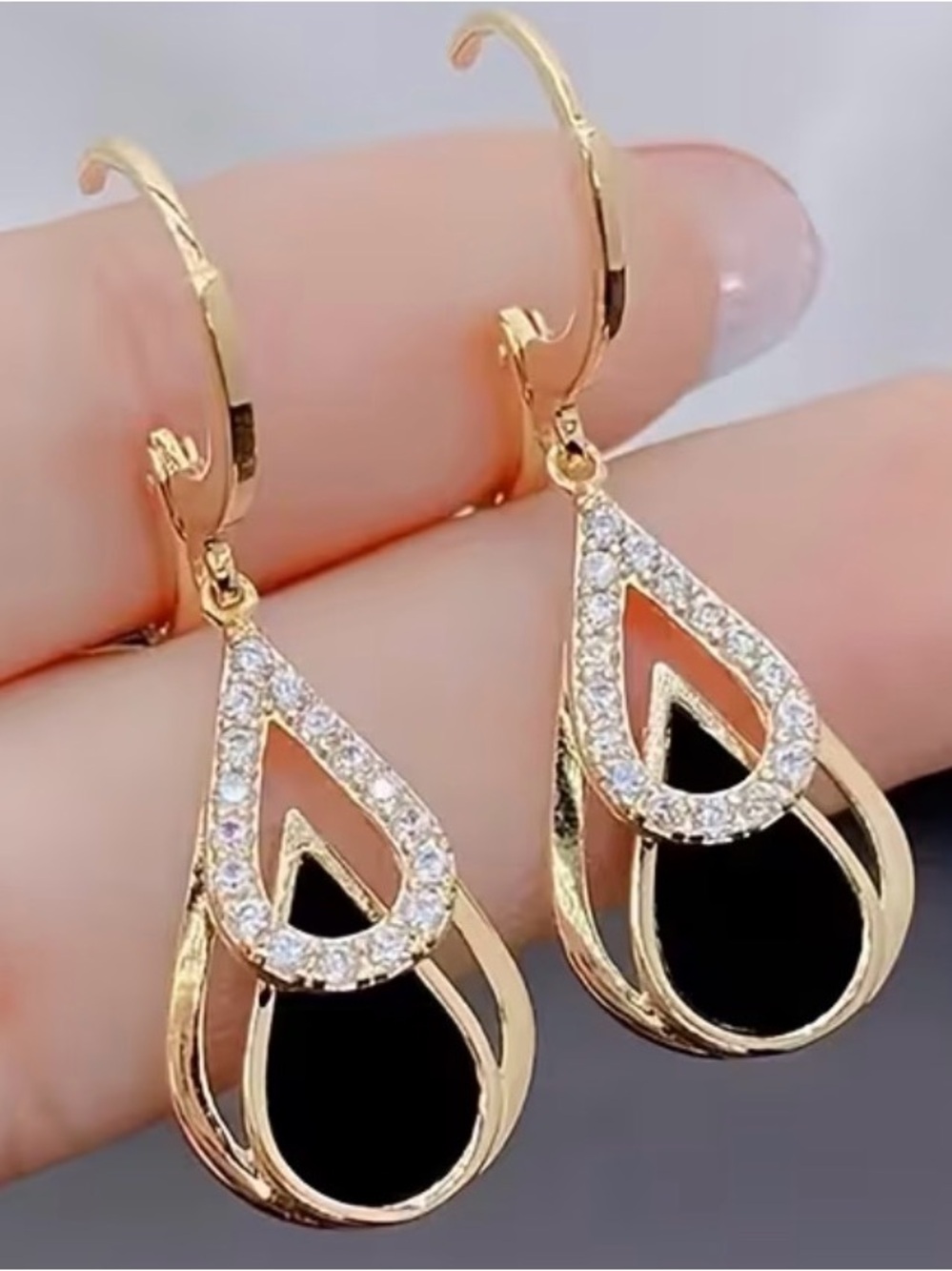 Gold-tone Black Teardrop Crystal Dangle Earrings